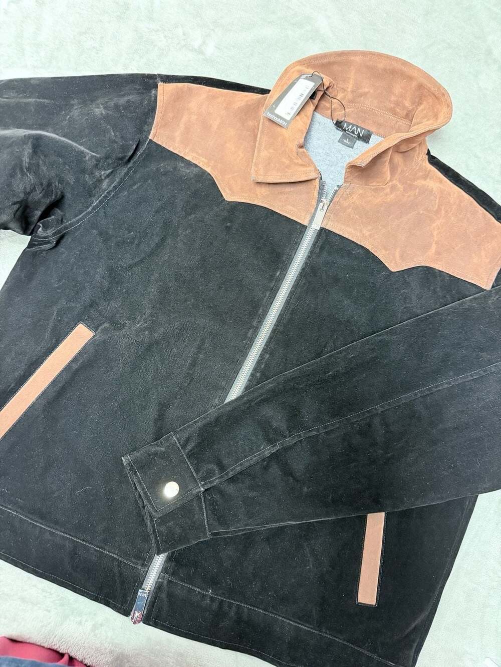 boohooMAN Regular Western Coated Denim Harrington Jacket Size L